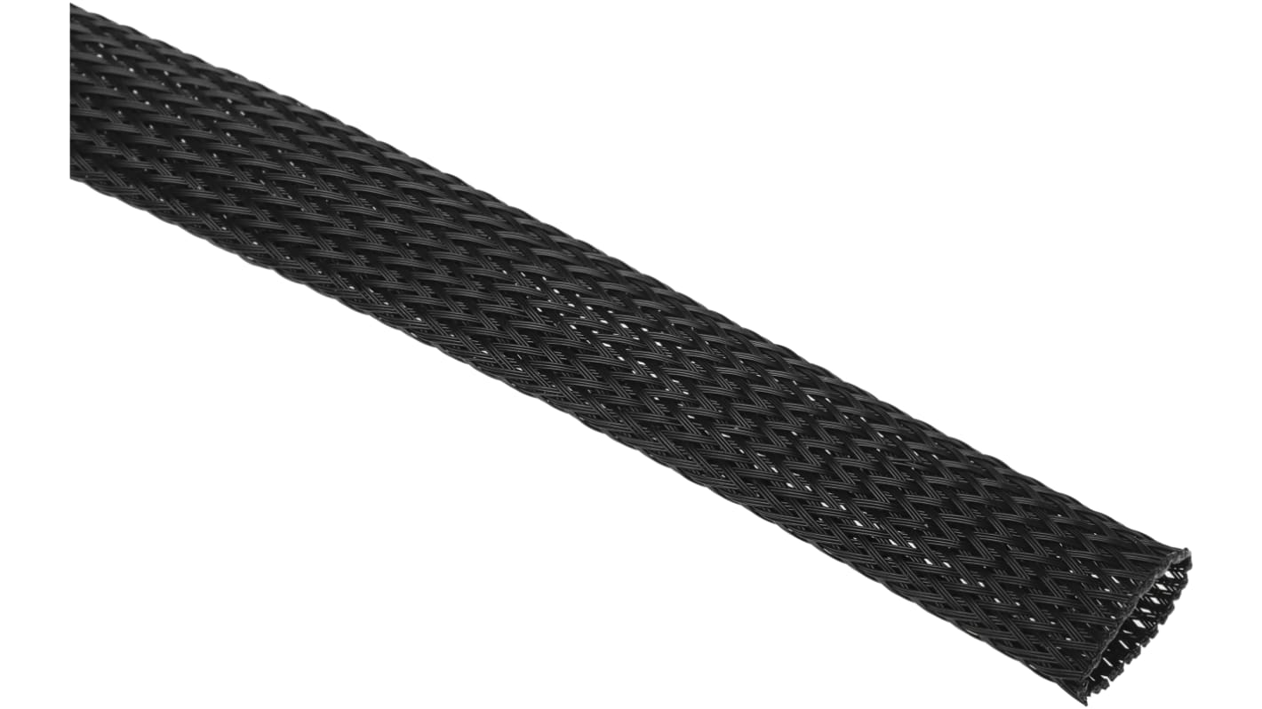 RS PRO Expandable Braided PET Black Cable Sleeve, 15mm Diameter, 5m Length