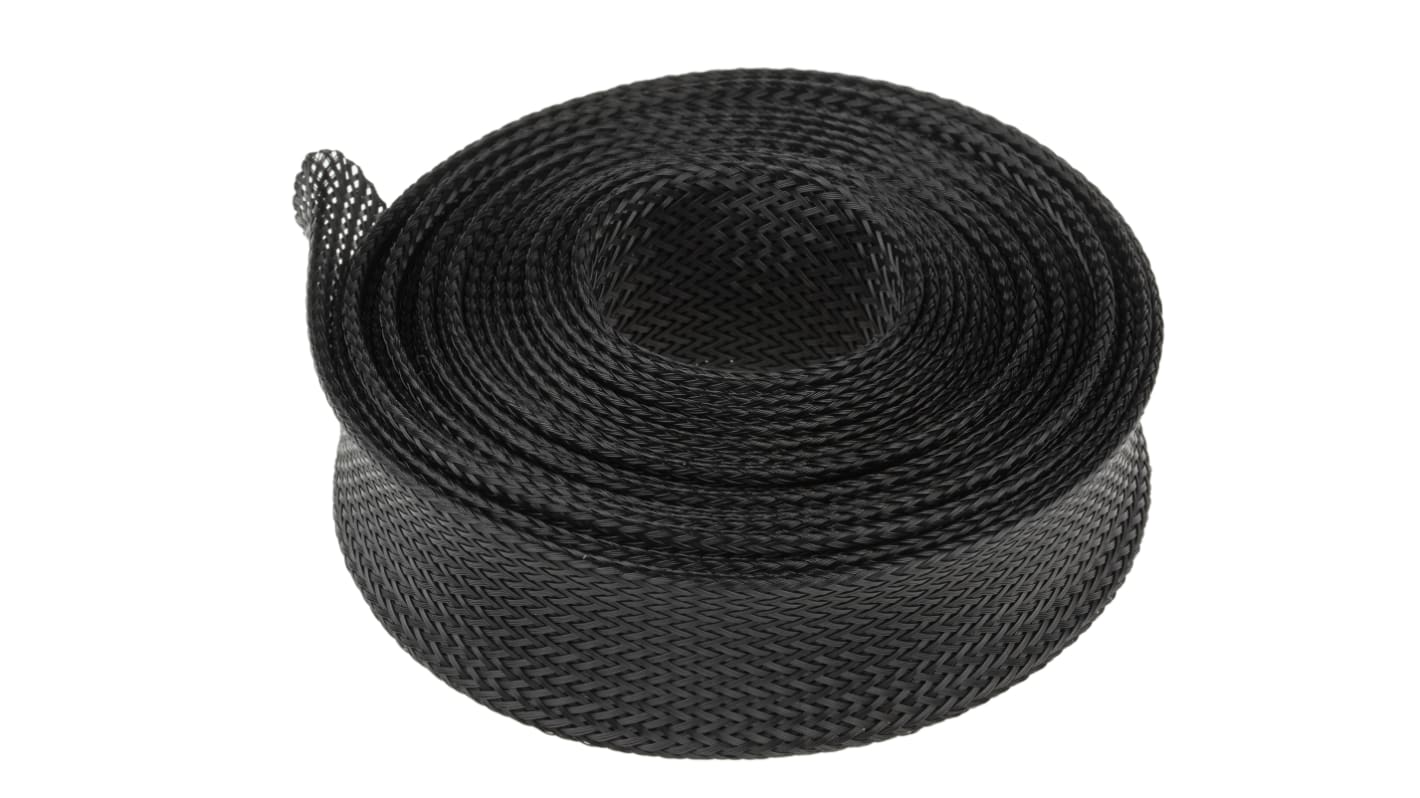 RS PRO Expandable Braided PET Black Cable Sleeve, 30mm Diameter, 5m Length