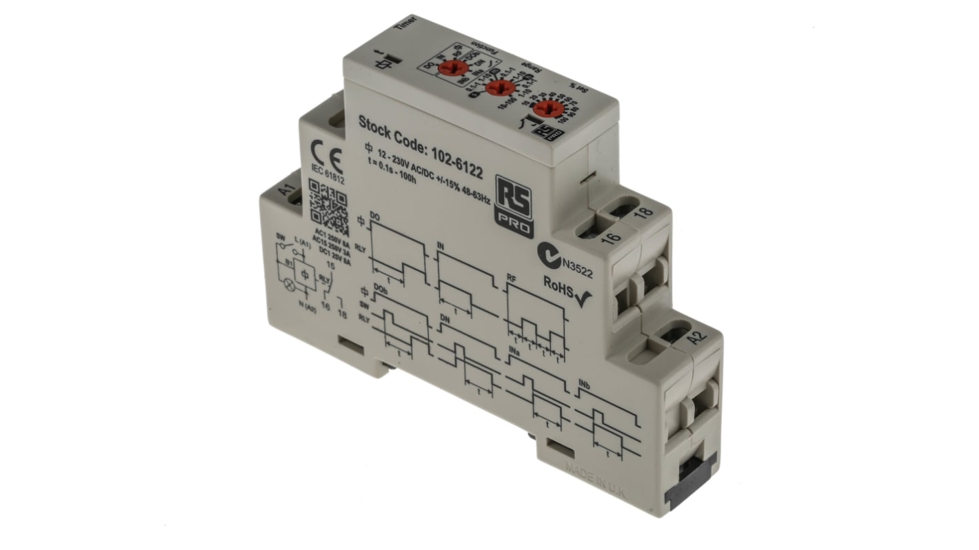 RS PRO DIN Rail Mount Timer Relay, 12 → 230V ac/dc, 0.1 s → 100h, SPDT