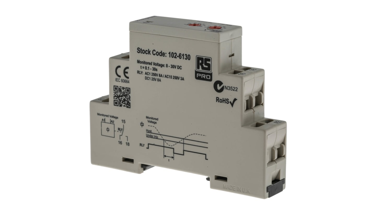RS PRO Voltage Monitoring Relay, 1 Phase, SPDT, 12 → 24V dc, DIN Rail