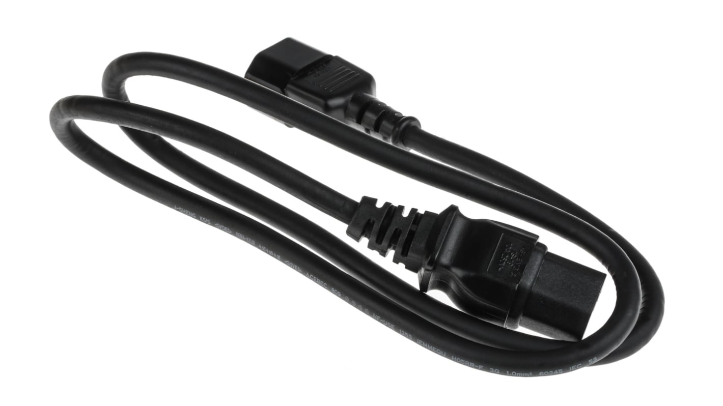 RS PRO Straight IEC C15 Socket to Straight IEC C14 Plug Power Cord, 1m