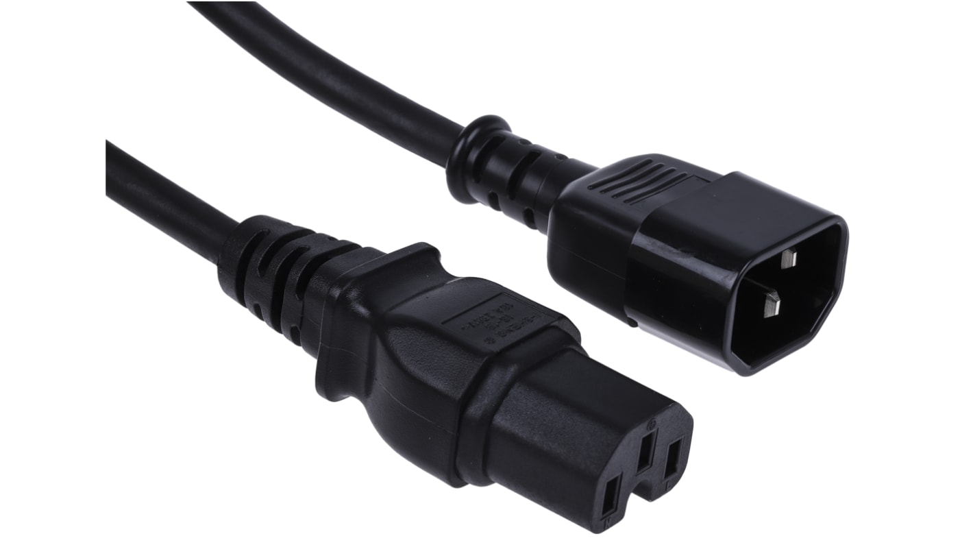 RS PRO Straight IEC C15 Socket to Straight IEC C14 Plug Power Cord, 2m