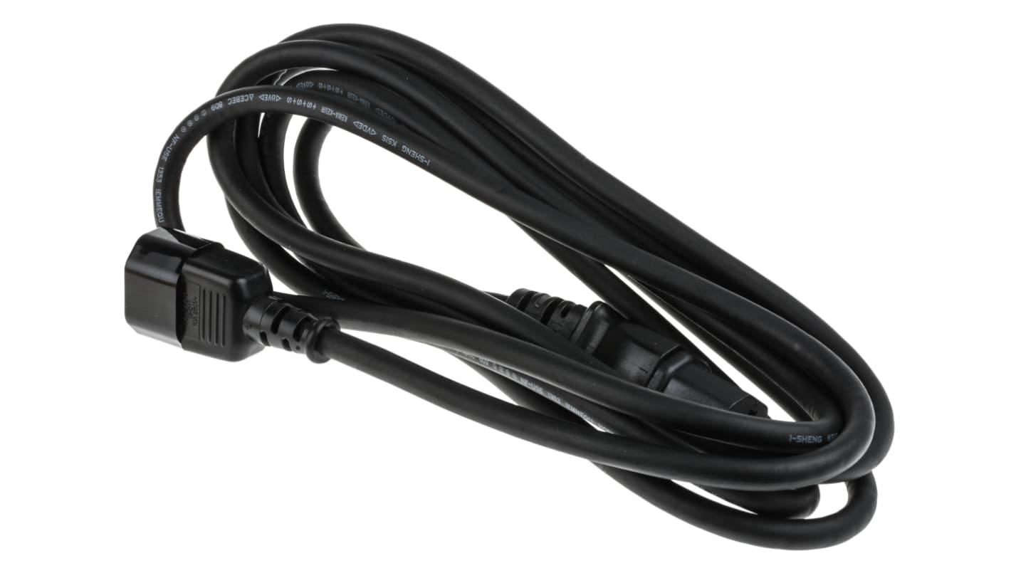 RS PRO Straight IEC C15 Socket to Straight IEC C14 Plug Power Cord, 3m