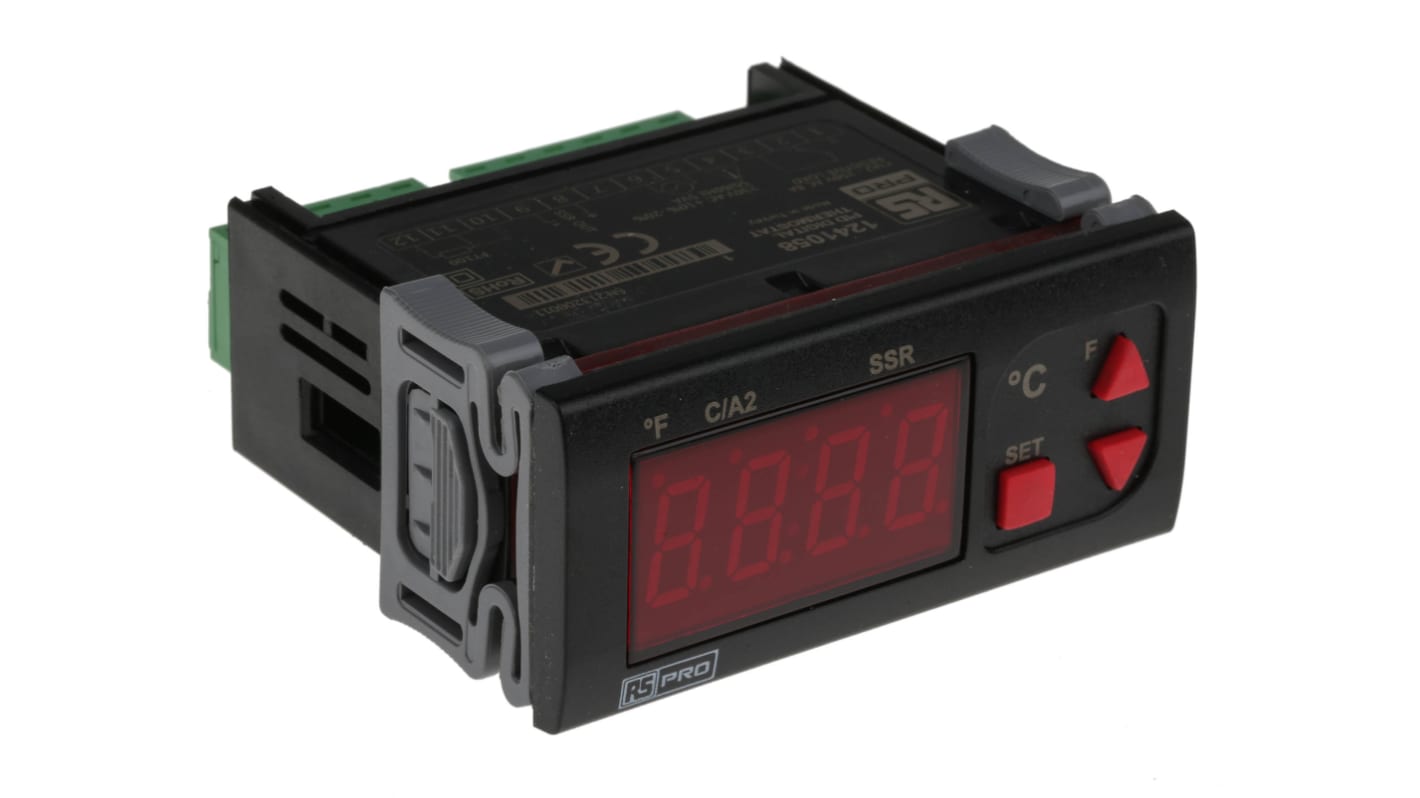 RS PRO Panel Mount On/Off Temperature Controller, 77 x 35mm 1 Input, 2 Output Relay, SSR, 230 V ac Supply Voltage