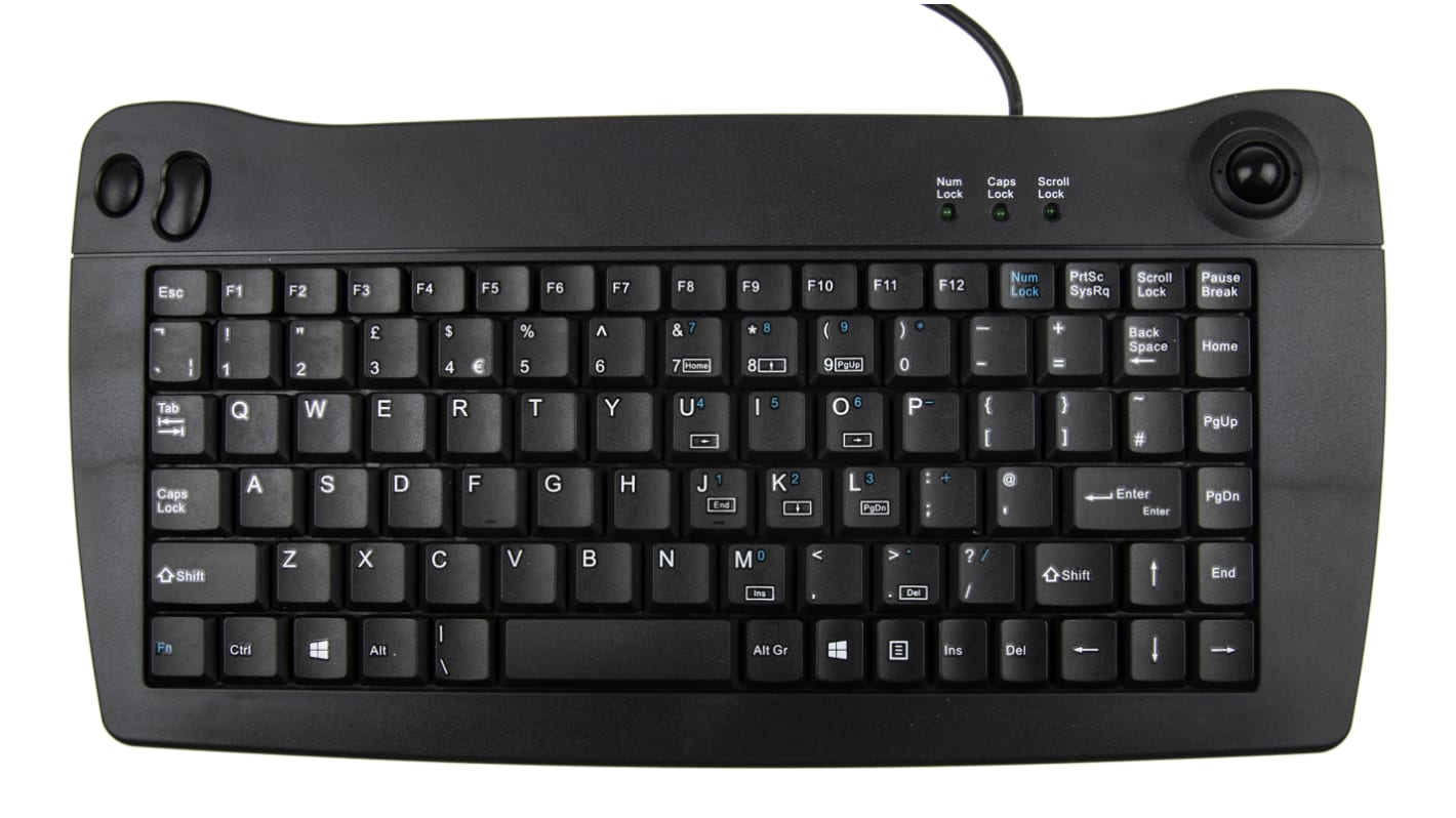 Mini teclado RS PRO, , Con cable, Negro, USB, Trackball, QWERTY (UK)