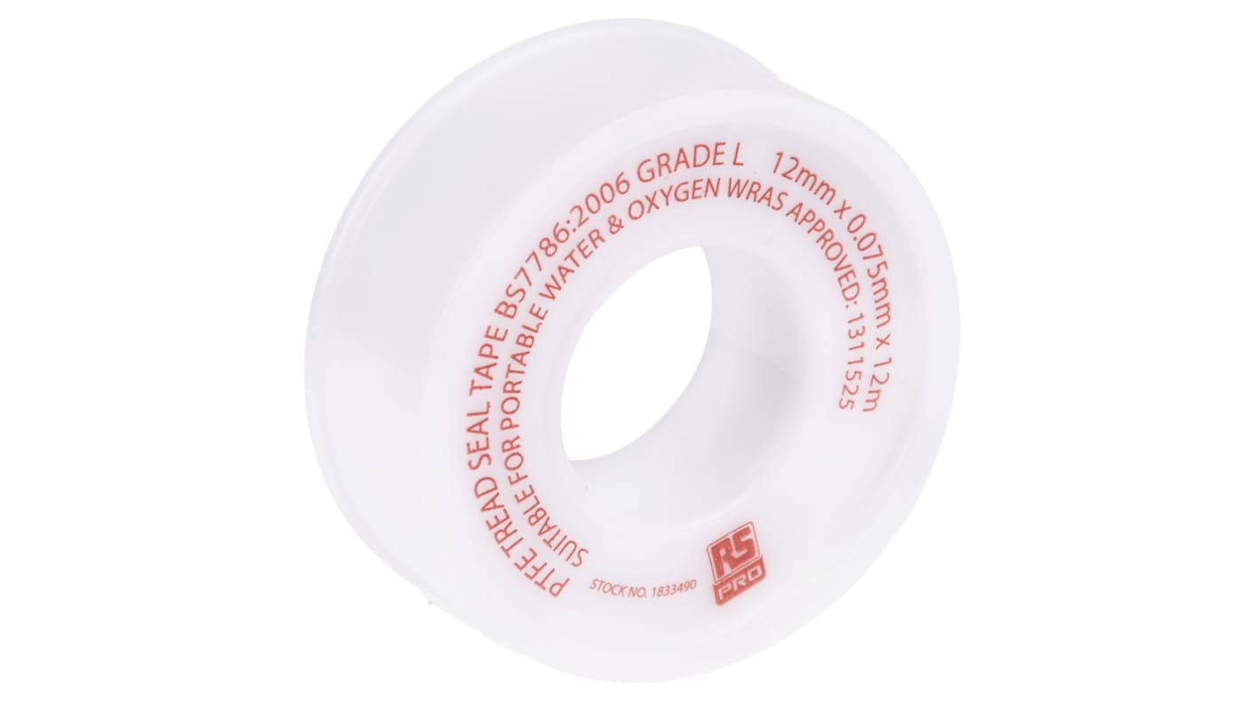 RS PRO White PTFE Tape, 12m x 12mm x 0.075mm