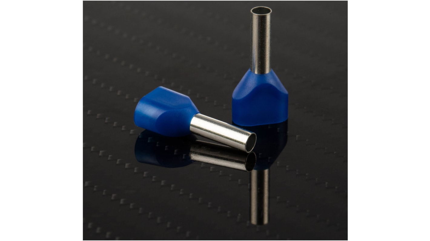 RS PRO Insulated Crimp Bootlace Ferrule, 10mm Pin Length, 3.2mm Pin Diameter, 2 x 2.5mm² Wire Size, Blue