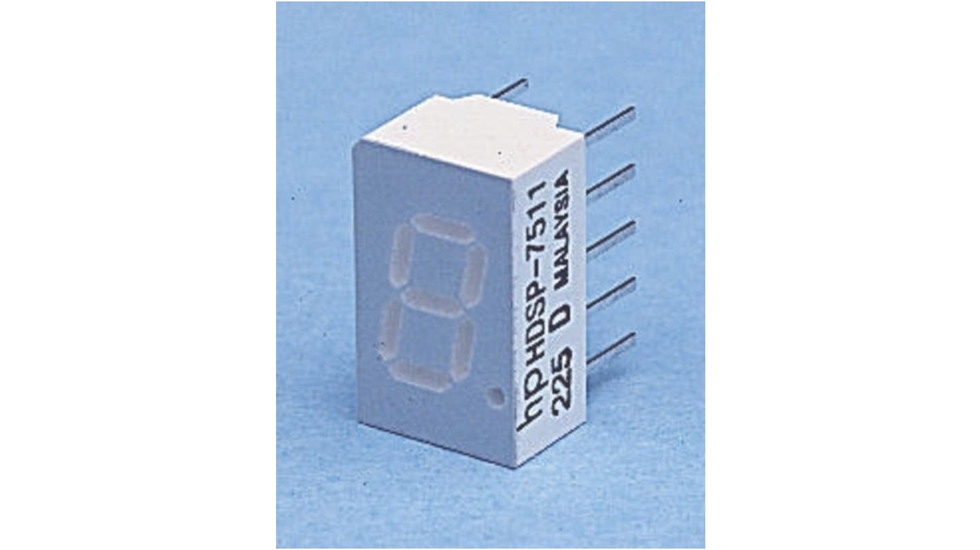 Display LED 7 segmentos Broadcom de 1 caract., Rojo, Vf= 2 V, ánodo común, mont. pasante