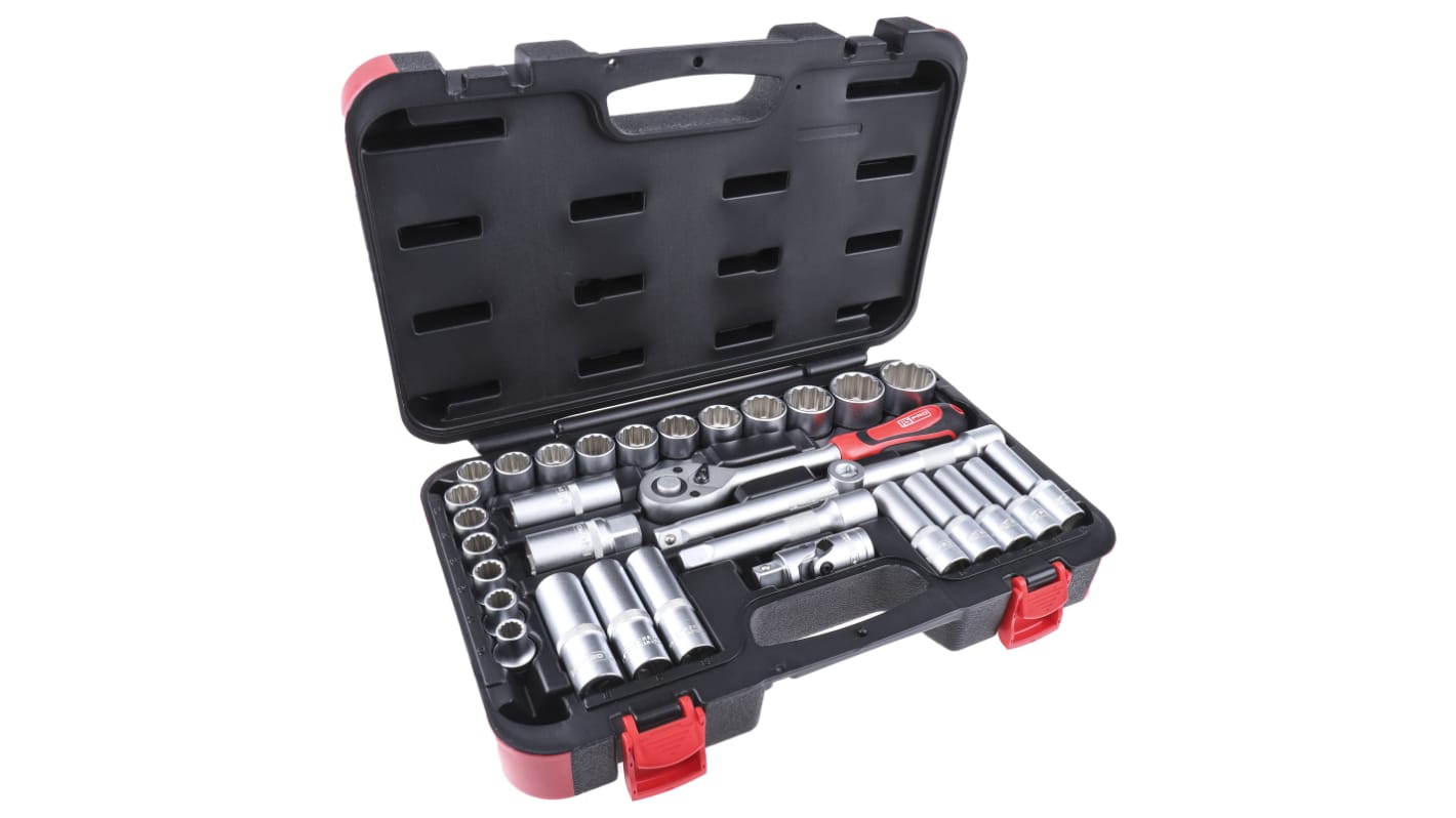 RS PRO 32-Piece Metric 1/2 in Deep Socket/Standard Socket Set with Ratchet, 6 point; 12 point
