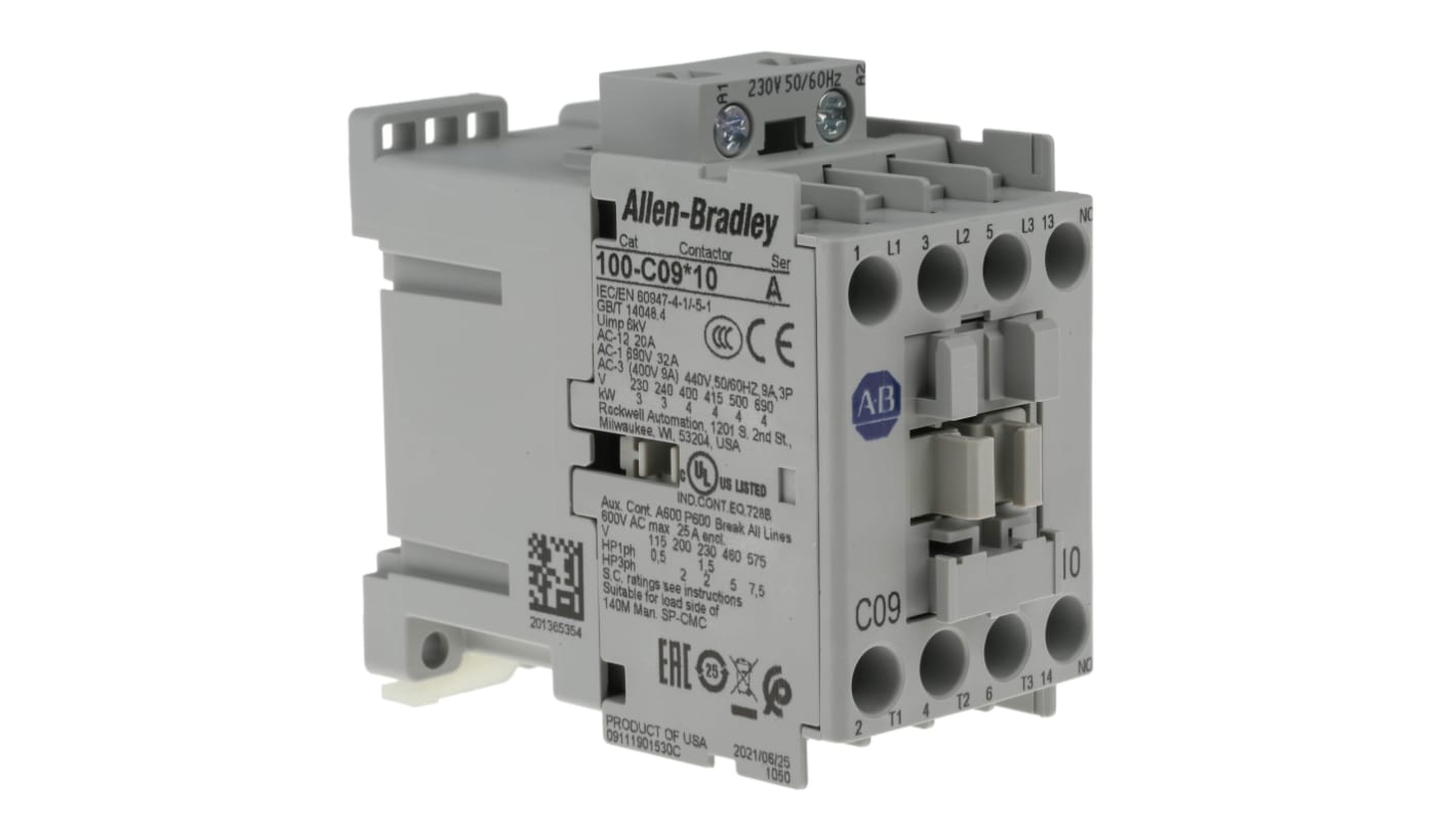 Allen Bradley 100 Series 100C Contactor, 230 V ac Coil, 3-Pole, 9 A, 4 kW, 3NO, 690 V ac