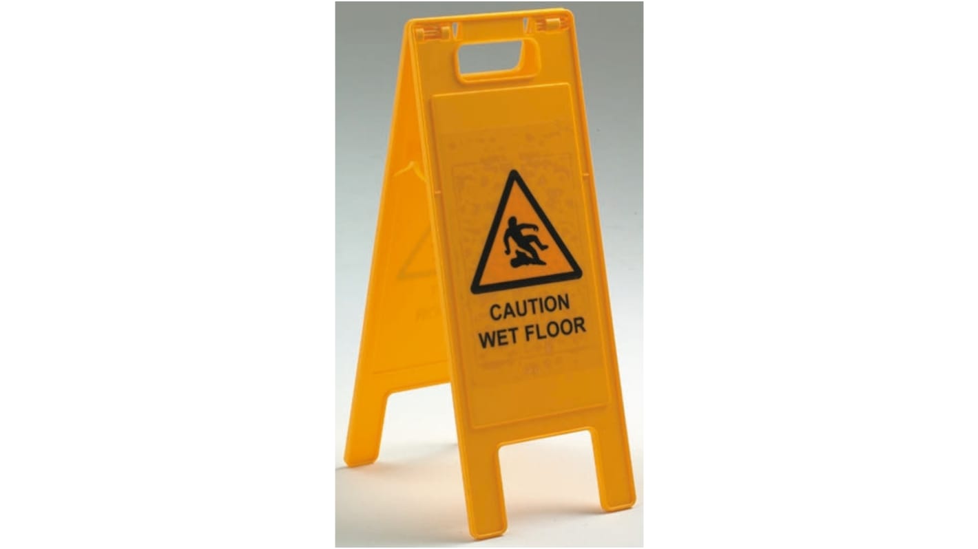 Señal de advertencia plegable con pictograma: Suelo mojado, texto en: Inglés "Caution - Wet Floor", 235mm x 615 mm