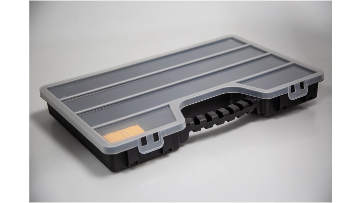 RS PRO 17格零件收纳盒, 510mm x 60mm x 330mm, 可调储物格带透明盖板, PP, 黑色，透明