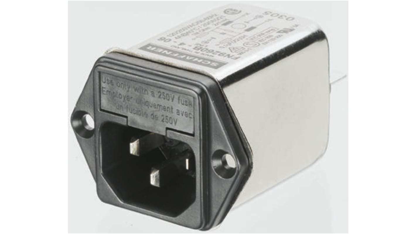 Schaffner 4A, 250 V ac Male Flange Mount IEC Inlet Filter FN9260B-4-06, Faston 2 Fuse