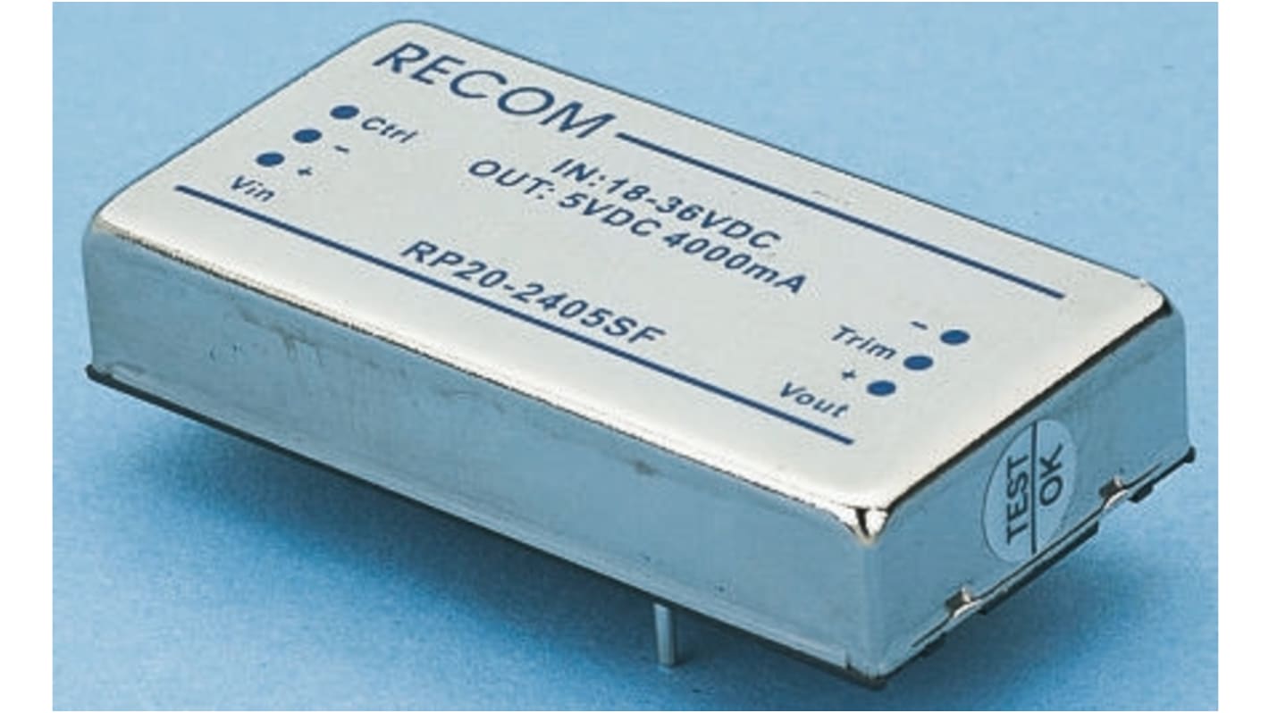 Recom RP20 F DC-DC Converter, 15V dc/ 1.33A Output, 36 → 75 V dc Input, 20W, Through Hole, +85°C Max Temp -40°C