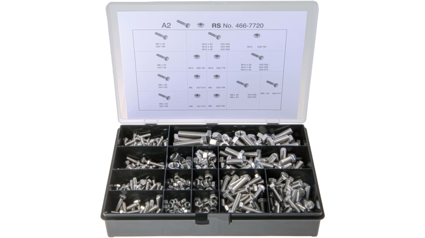 RS PRO Edelstahl A2 304 Schrauben/Bolzen und Muttern-Sortiment Sechskant, M10, M12, M6, M8 x 20 → 50mm, 624 Stück