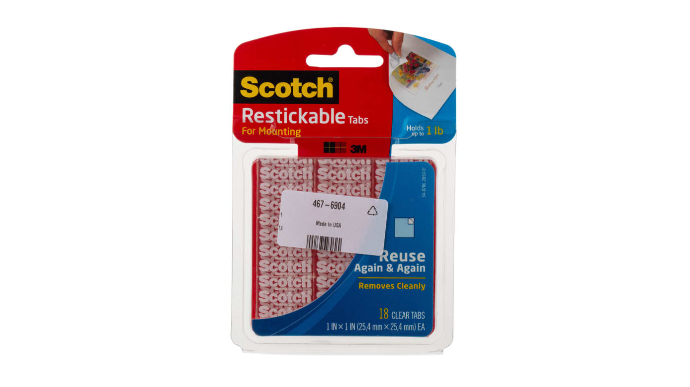 3M Restickable Transparent Double Sided Adhesive Square, 35.8 N/cm, 25.4mm x 25mm