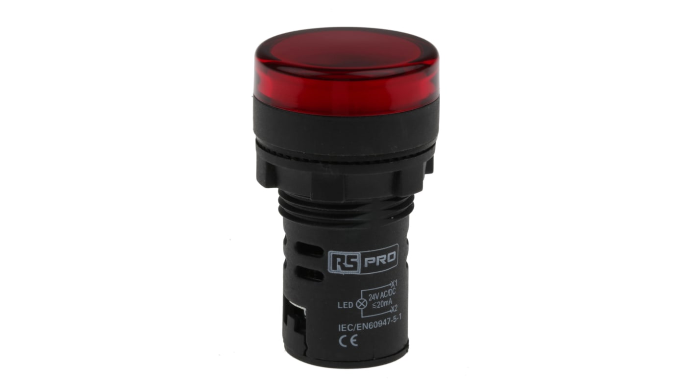 RS PRO, Panel Mount Red LED Pilot Light, 22mm Cutout, IP65, Round, 24V ac/dc