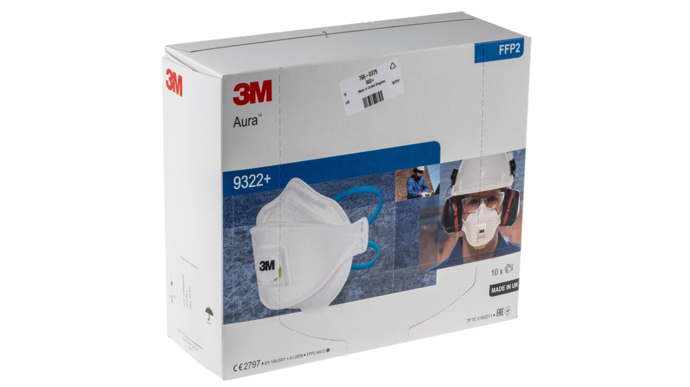 3M Aura+ Series Disposable Face Mask for General Purpose Protection, FFP2, Non-Valved, Fold Flat 10 per Package