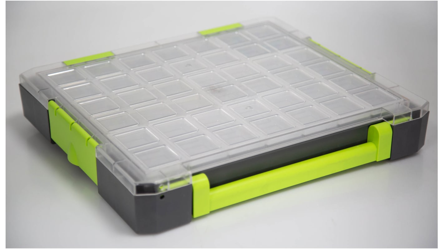 RS PRO 21格零件收纳盒, 375mm x 425mm x 70mm, 可调储物格带透明盖板, PP, 透明， 灰色， 绿色