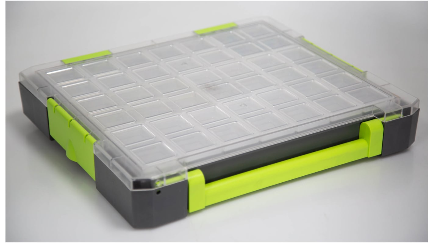 RS PRO 21 Cell Transparent, Grey, Green PP, Adjustable Compartment Box, 425mm x 375mm x 70mm