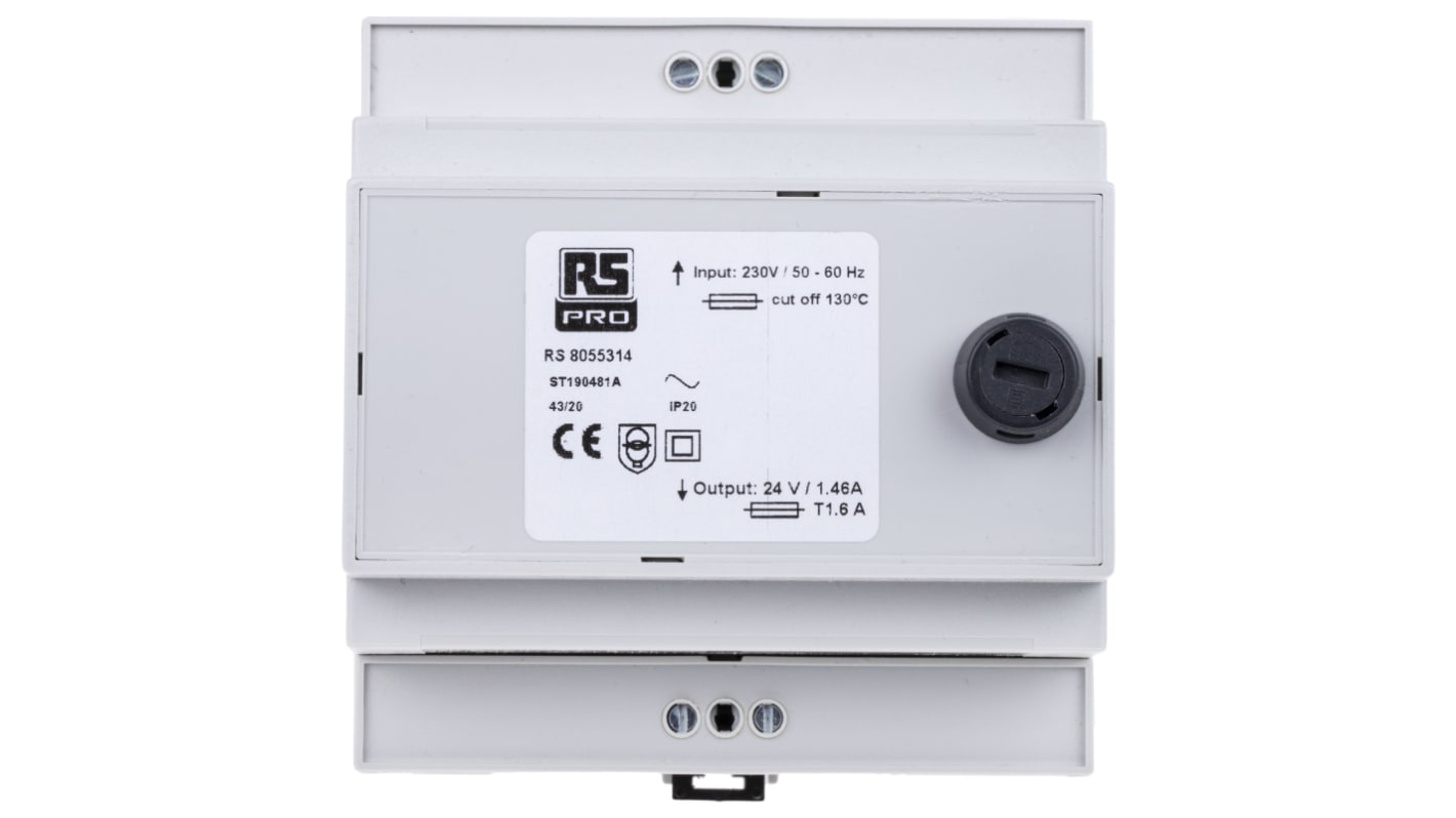 RS PRO DIN-Schienen-Trafo, 35VA, Primär 230V ac / Sekundär 24V ac DIN-Schiene 1 Ausg., 90mm x 88mm x 58mm