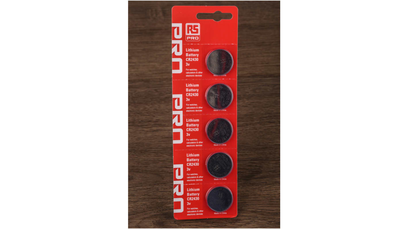 RS PRO CR2430纽扣电池, 3V, 300mAh, 锂二氧化锰, 标准接端, 24.5 x 3mm, CR2430