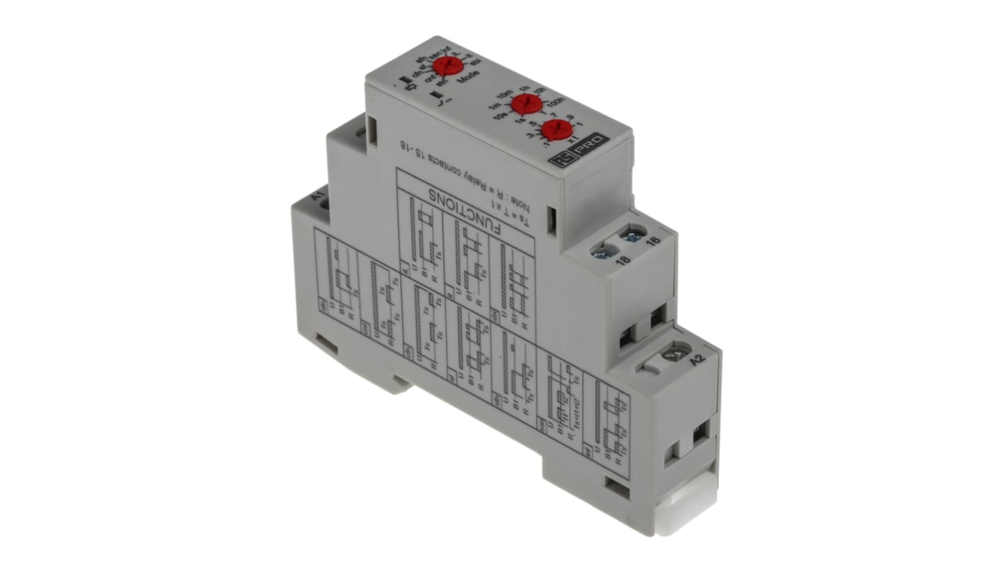 RS PRO DIN Rail Mount Timer Relay, 12 → 240V ac/dc, 1-Contact, 0.1 s → 100h, CO