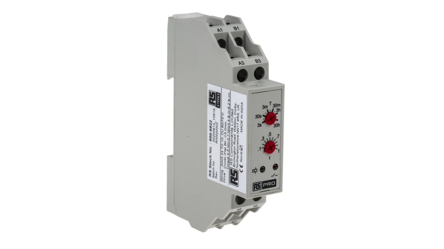 RS PRO DIN Rail Mount Timer Relay, 24V ac, 1-Contact, 0.3 s → 30h, 1-Function, SPDT