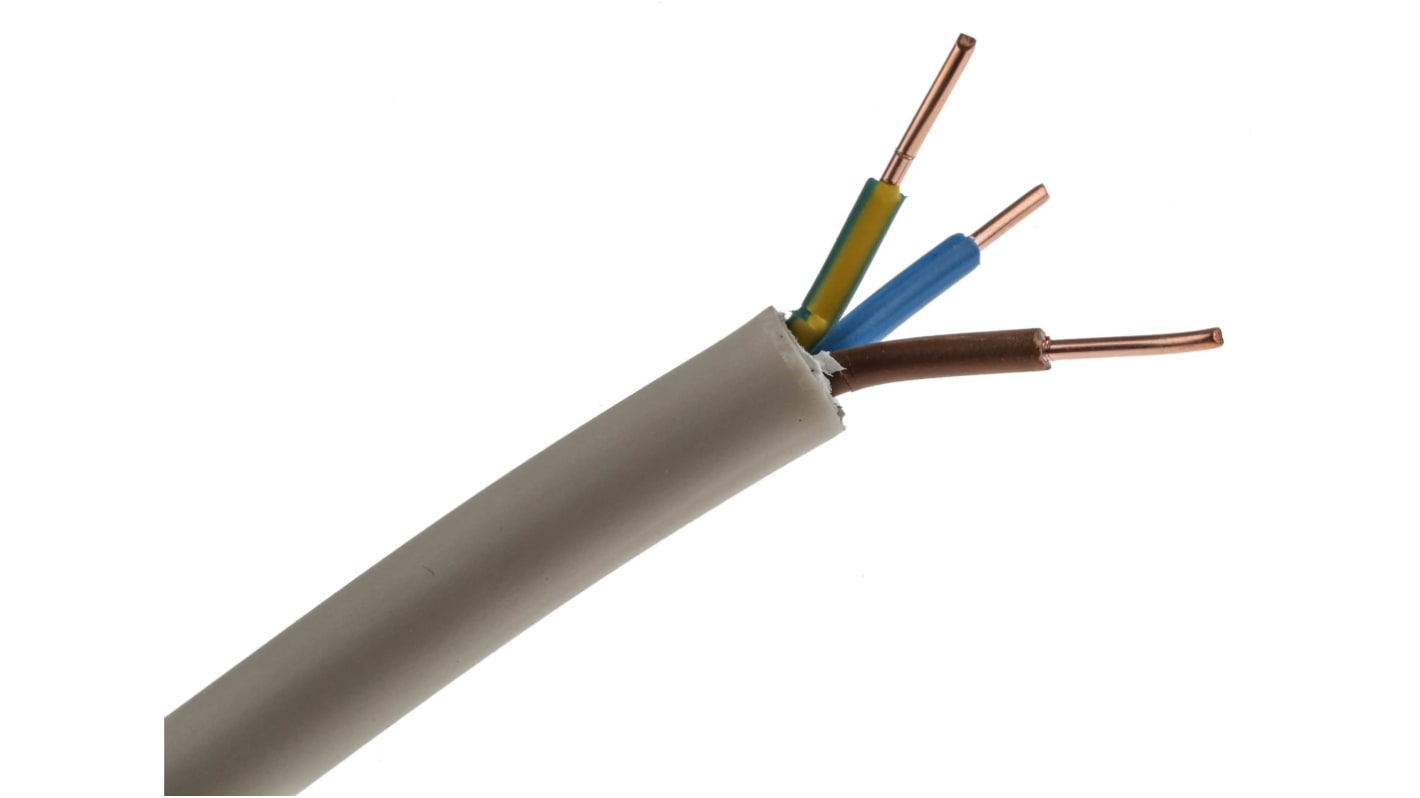 RS PRO Netzkabel, 3-adrig Typ NYM-J Grau x 1,5 mm² /Ø 10.5mm,  50m, 500 V, PVC