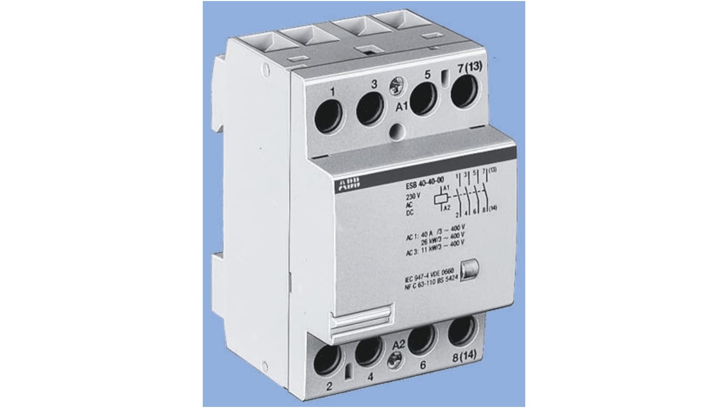 ABB ESB24-13-230AC/DC ESB Contactor, 230 V ac Coil, 4-Pole, 24 A, 4 kW, 1NO + 3NC