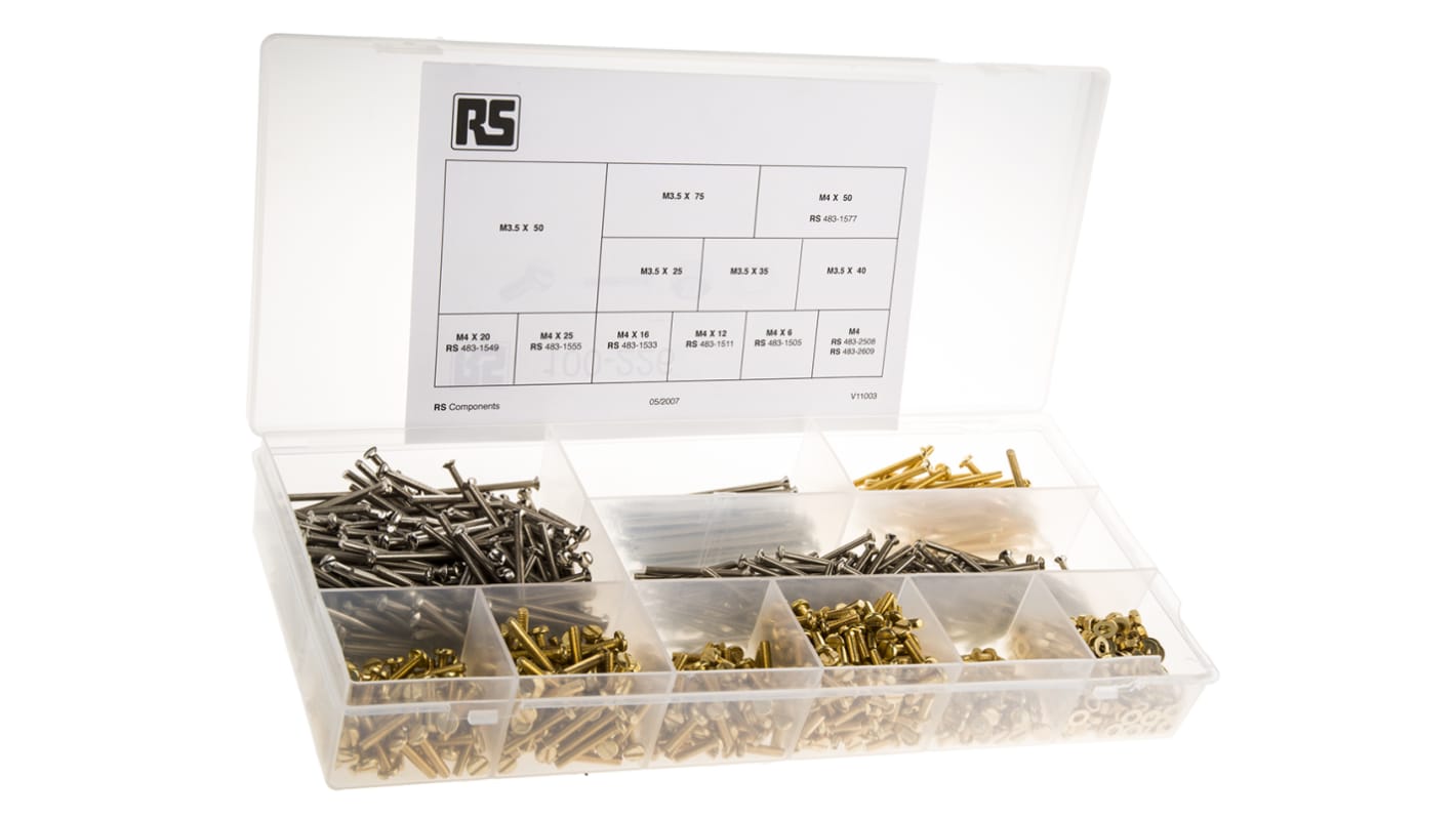 Kit di rondelle, dadi e bulloni/viti in Ottone, Acciaio Nichelato RS PRO, guida a Scanalatura, 1250 pezzi, filettatura
