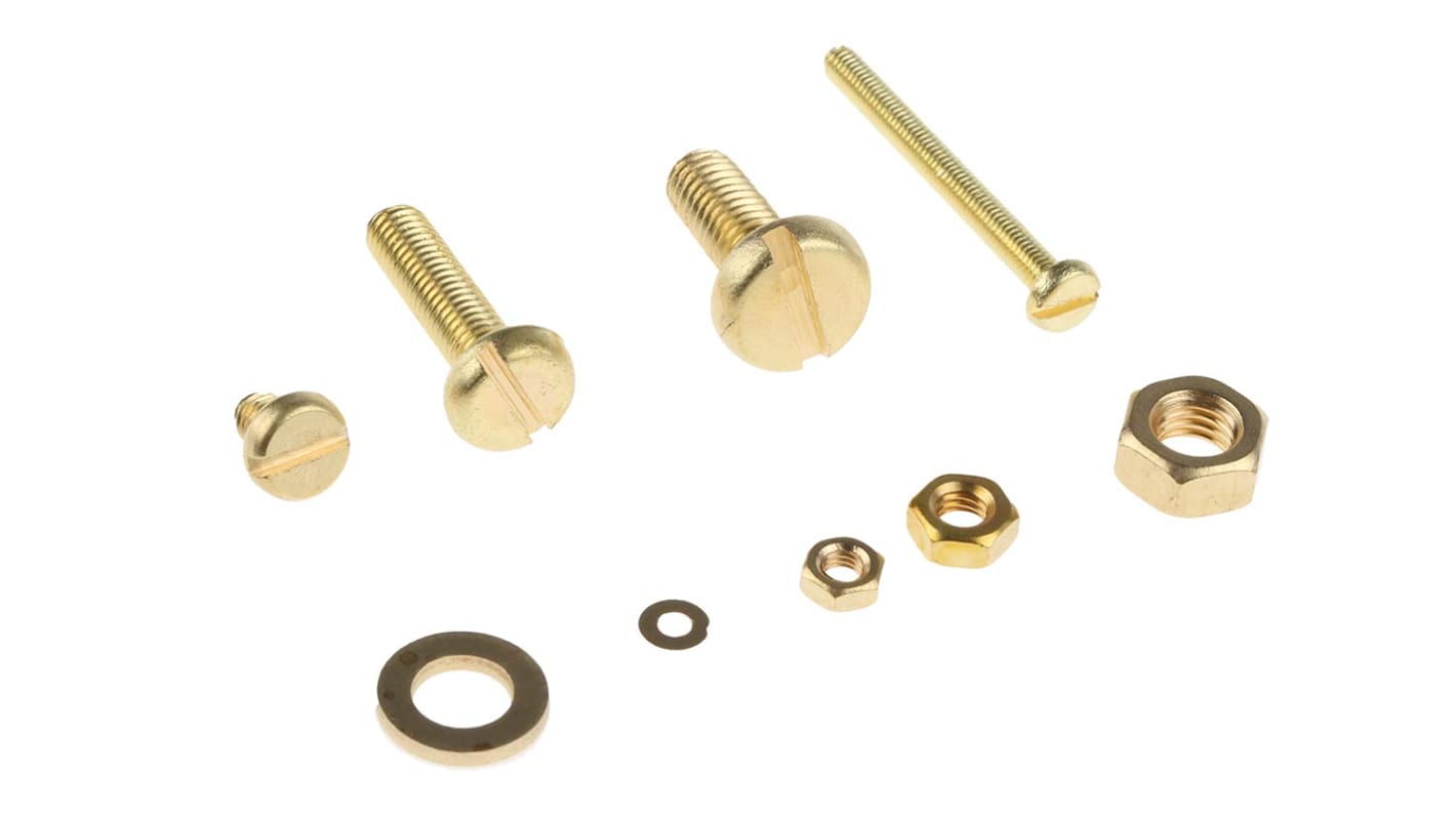 RS PRO Messing Schrauben, Muttern und Unterlegscheiben Sortiment Flachrund, M2, M3, M4, M5, M6 x 6 → 30mm, 2061