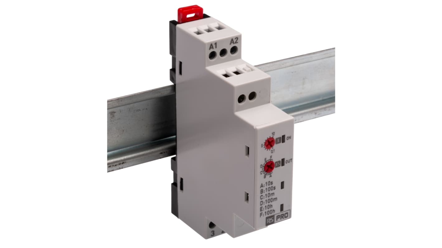 RS PRO DIN Rail Mount Timer Relay, 12 → 240V ac, 3-Contact, 0.1 → 100h, 1-Function, SPDT