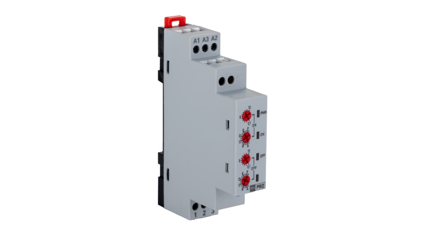 RS PRO DIN Rail Mount Timer Relay, 230 V ac, 24V ac/dc, 3-Contact, 1 → 100h, 1-Function, SPDT