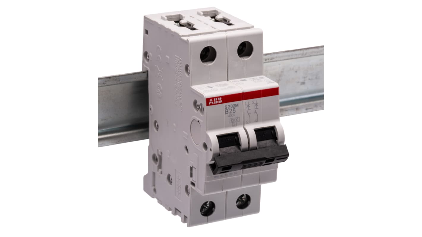 ABB System Pro M Compact S200M MCB, 2P, 25A Curve B, 440V AC, 125V DC, 10 kA Breaking Capacity