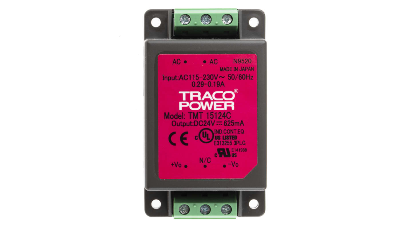 TRACOPOWER 15W开关电源, 24V 直流, 625mA, 底盘安装, TMT系列