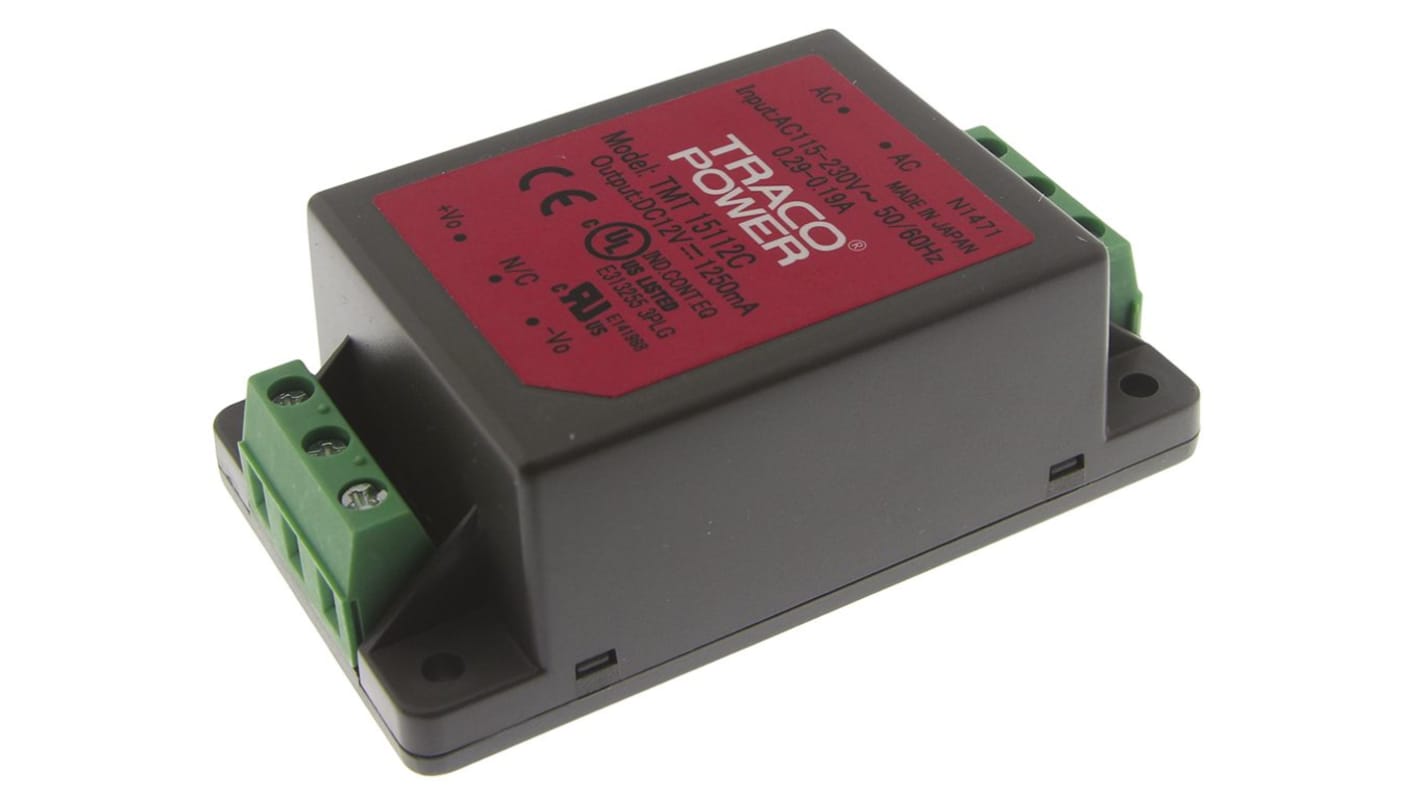 Alimentatore switching TRACOPOWER TMT 15112C, 15W, ingresso 85 → 264 V ac, 85 → 370 V dc, uscita 12V cc,