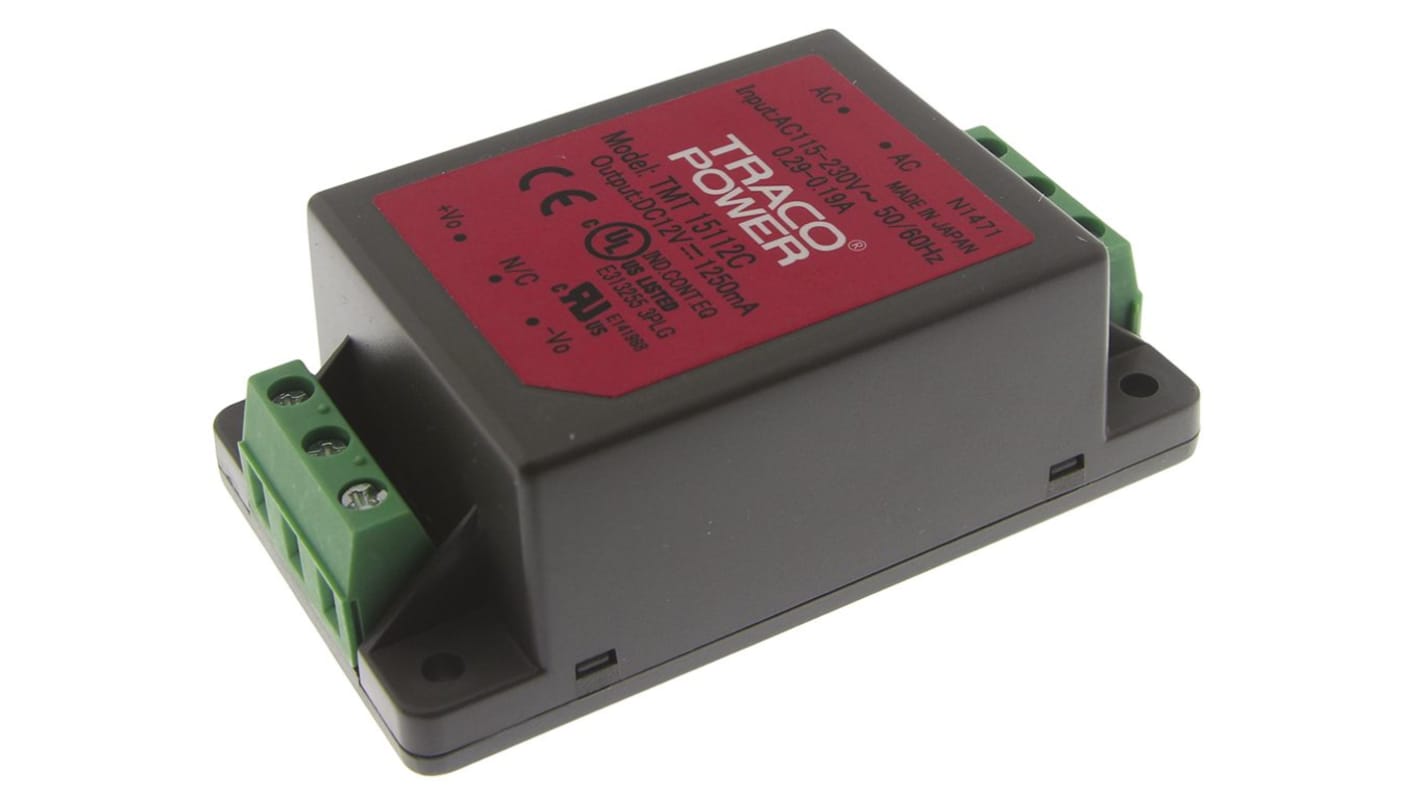 TRACOPOWER Switching Power Supply, TMT 15112C, 12V dc, 1.25A, 15W, 1 Output, 85 → 264 V ac, 85 → 370 V dc