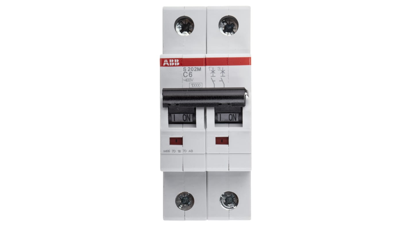 ABB C型MCB, 2极, 10 kA分断, 6A, 440VAC, 125VDC, S200M系列 S202M-C6