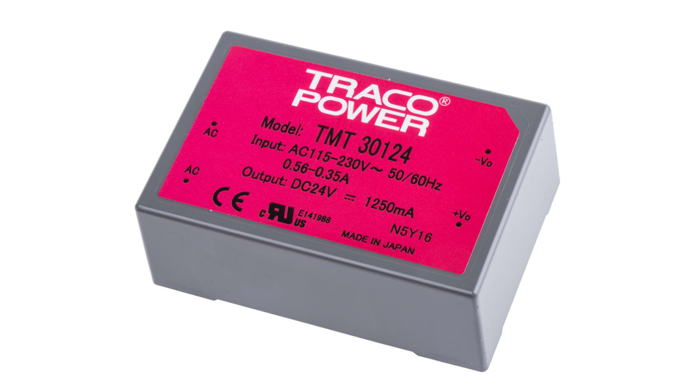 Alimentatore switching TRACOPOWER TMT 30124, 30W, ingresso 85 → 264 V ac, 85 → 370 V dc, uscita 24V cc,