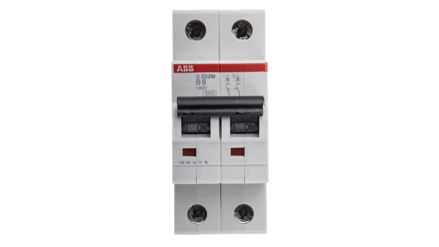 ABB System Pro M Compact S200M MCB, 2P, 6A Curve B, 440V AC, 125V DC, 10 kA Breaking Capacity