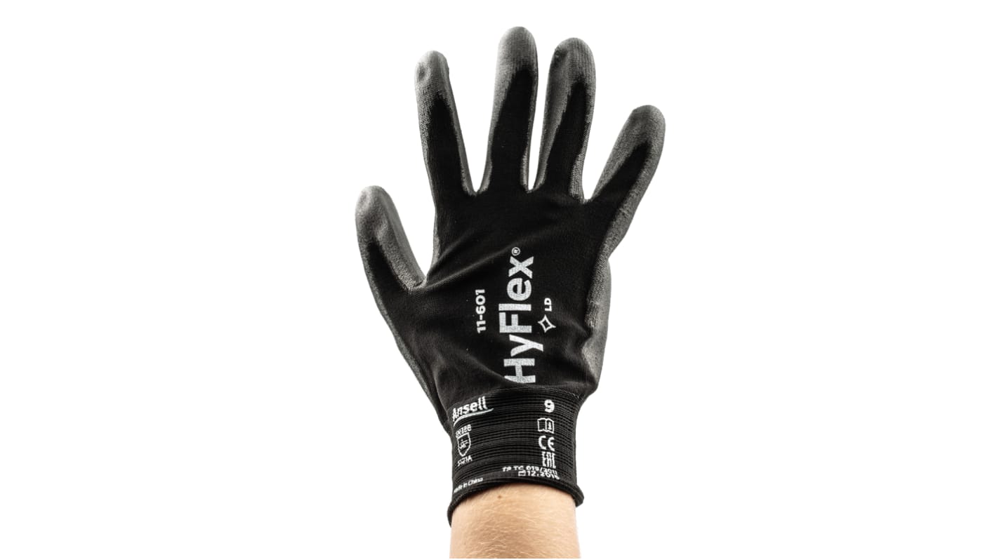 Ansell HyFlex 11-601 Black Nylon General Purpose Work Gloves, Size 9, Polyurethane Coating