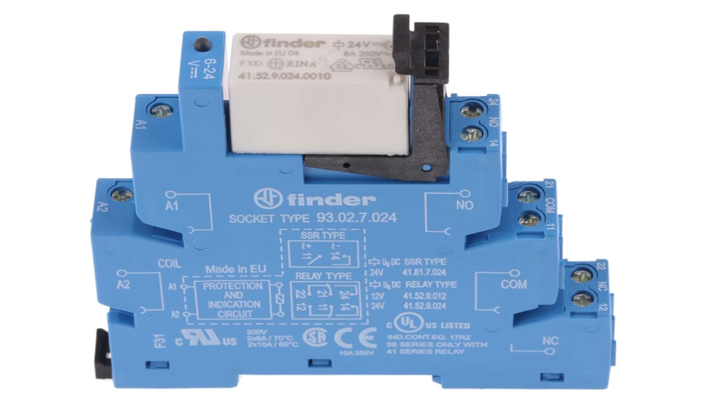 Finder 38 Series インターフェイスリレー, 24V dcコイル, DPDT 250 → 400V