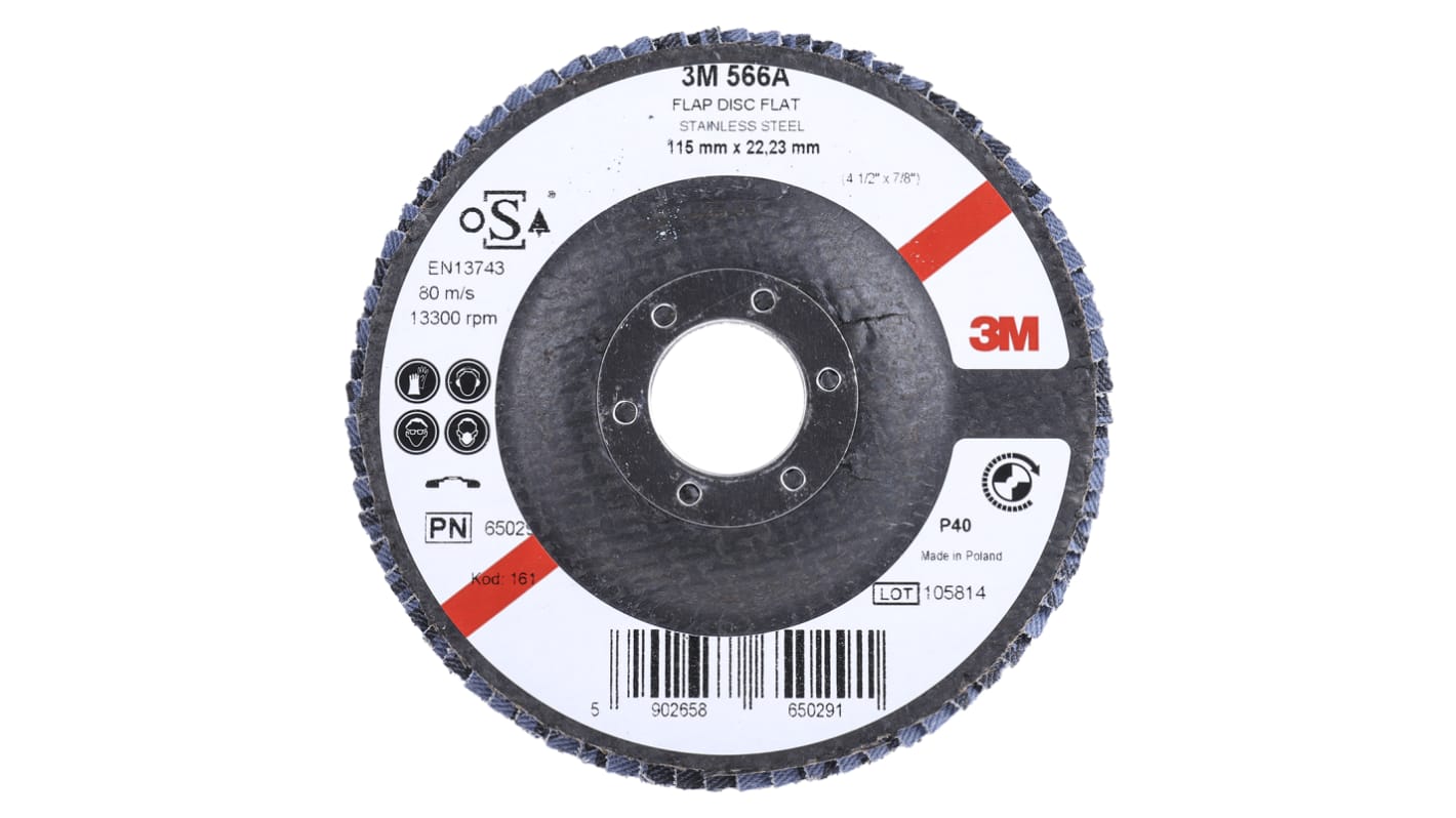 3M 566A Zirconia Aluminium Flap Disc, 115mm, Coarse Grade, P40 Grit, PN65026