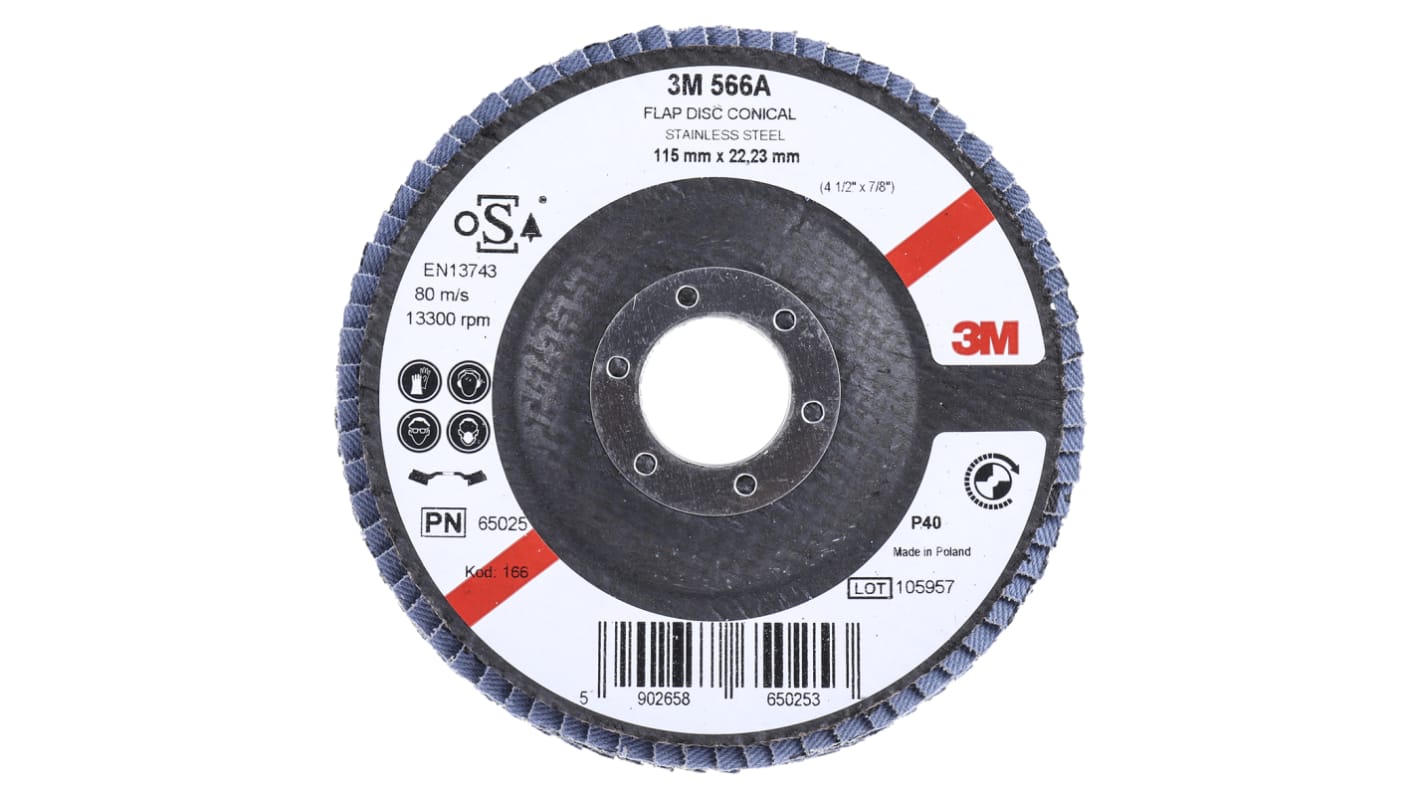 3M 566A Zirconia Aluminium Flap Disc, 115mm, Coarse Grade, P40 Grit
