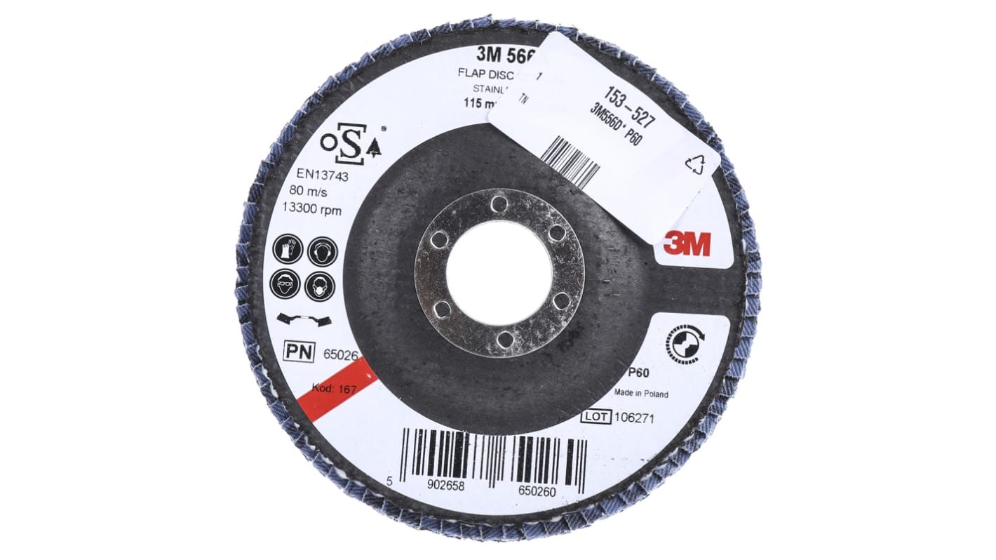 3M 566A Zirconia Aluminium Flap Disc, 115mm, Medium Grade, P60 Grit, 556D