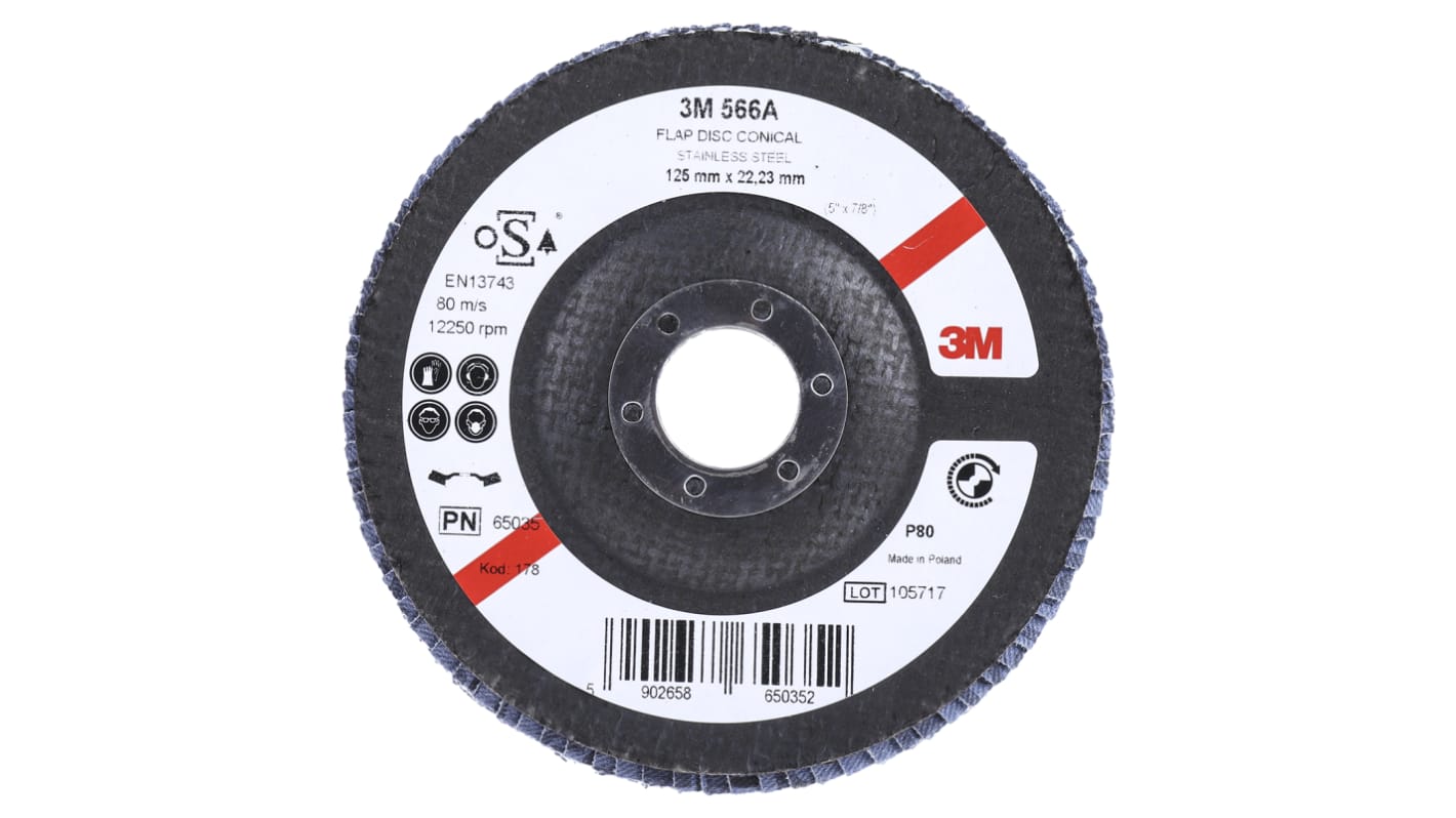 3M 566A Zirconia Aluminium Flap Disc, 125mm, Medium Grade, P80 Grit, PN65026, 1 in pack