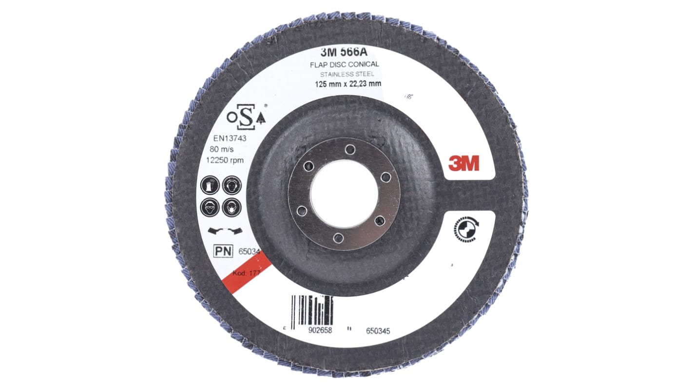 3M 566A Zirconia Aluminium Flap Disc, 125mm, Medium Grade, P60 Grit, PN65026