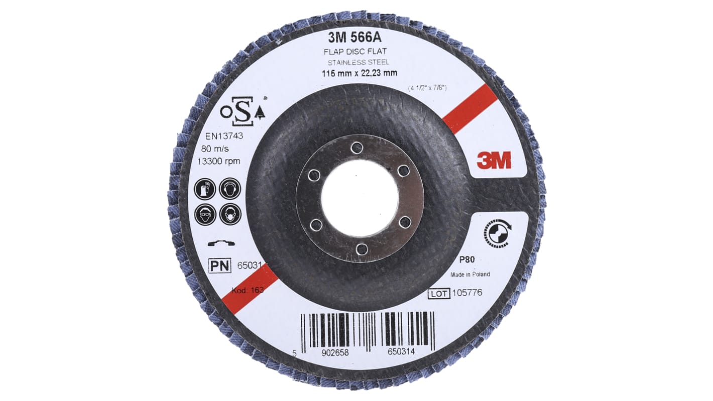 3M 566A Zirconia Aluminium Flap Disc, 115mm, Medium Grade, P80 Grit