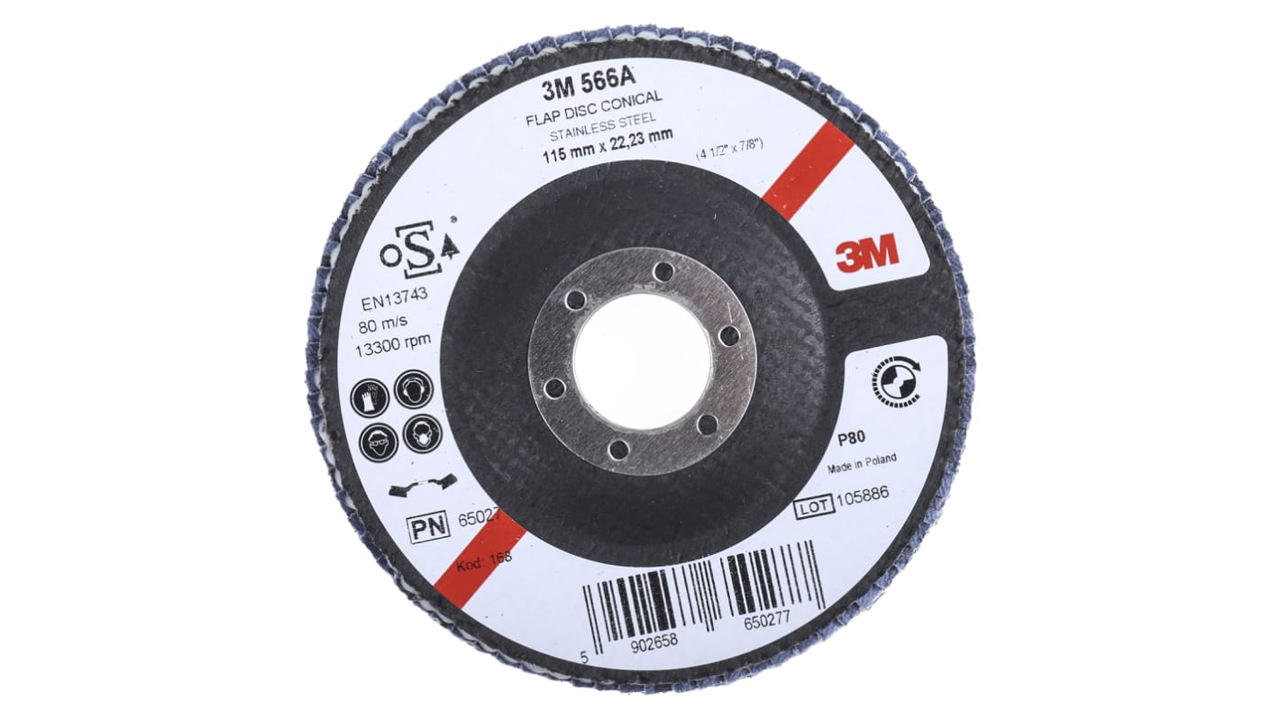 3M 566A Zirconia Aluminium Flap Disc, 115mm, Medium Grade, P80 Grit, PN65026